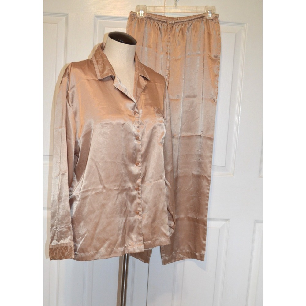 Cabernet Sleepwear Pajama Set Womens PL‎ Champagne Satin 2 Piece Button Front